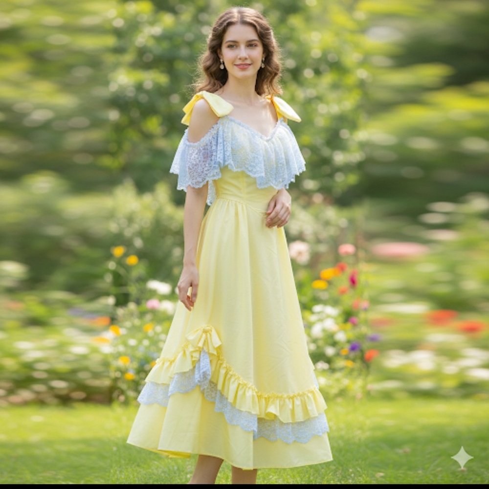 Vtg ILGWU Union Made Dress Yellow Lace Maxi Ruffle/Bow Cap Sleeve sz XS/S